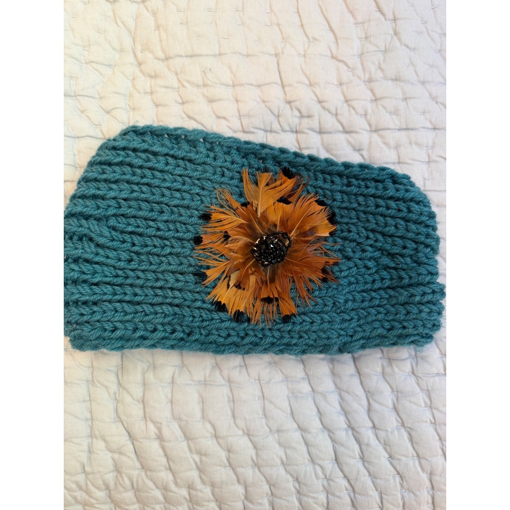 D&Y Teal Knit Headband Feather Flower Beaded Ear Warmer